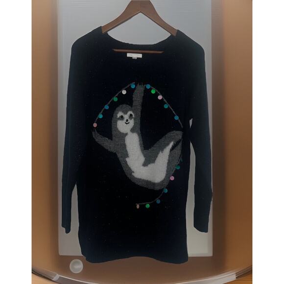 LC Lauren Conrad Large Sloth Christmas Lights Knit Sweater Sparkly Blue Preppy - Picture 1 of 6